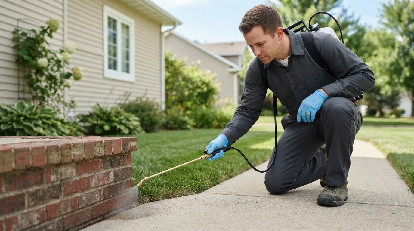 Pest control technician treating a home near Barnard, VT